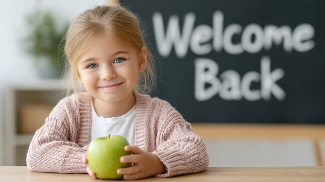 Smiling girl in pink cardigan holding green apple in classroom for back to school welcome
