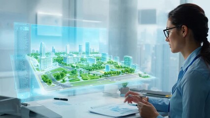 Woman interacting with digital city model - Powered by Adobe
