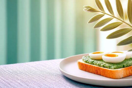 A slice of toast topped with a vibrant green spread and halved boiled eggs, presented on a white plate with a soft, blurred background.