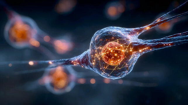 Close-up of glowing neurons and neural connections, Scientific view of brain activity with glowing neurons, Neural network in abstract biology illustration