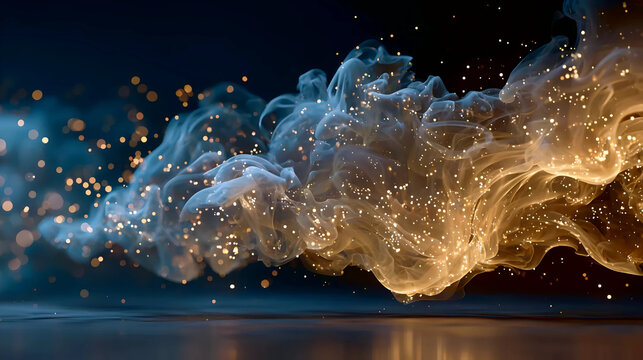 Golden smoke swirling with glowing particles, Abstract motion of smoke with golden sparkles, Dynamic flow of luminous smoke and glittering dust