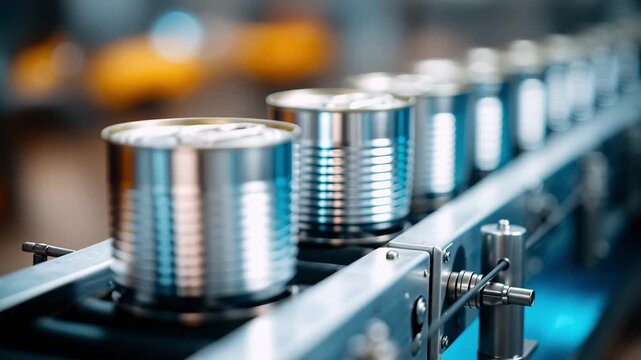 tin cans on conveyor belt in food production factory