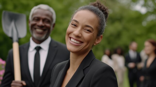 A portrait of a person with shovel in the funeral. A man is holding a shovel in front of a smiling lady. The scene is shot from the front. The lady is in the front and man is behind her. - Powered by Adobe