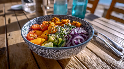 Fresh salad with colorful vegetables in a bowl, Healthy eating concept with vibrant salad mix, Close-up of mixed salad with greens and tomatoes
