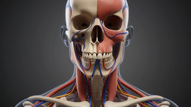 3D Human Head Anatomy Model Detailed Skull Muscle and Vascular System Split View