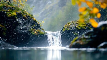 A gentle waterfall flows between moss-covered rocks, surrounded by lush greenery and autumn leaves, with water droplets suspended in the air.