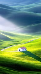 A solitary white house sits on a vibrant green hillside, with a winding road leading to it, set against a backdrop of undulating hills and soft atmospheric ligh