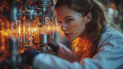 Focused female scientist examines glowing tubes in industrial setting.