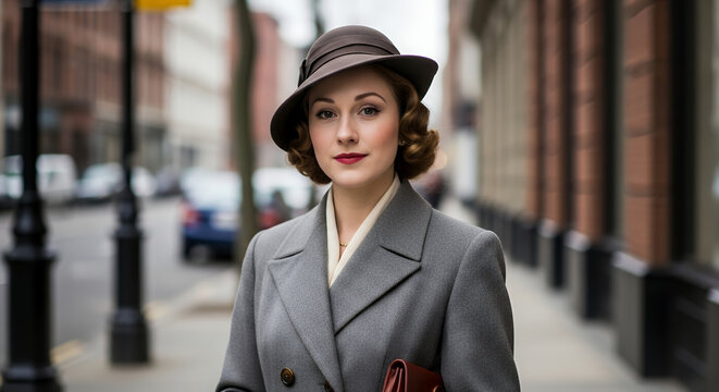 Women of the 1930s standing on a city sidewalk wearing a tailored wool coat and vintage hat, soft curls and natural makeup, captured in overcast daylight with a documentary-style vintage look