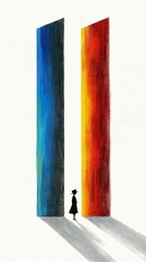 A lone figure stands between two tall, textured columns of contrasting colors, one blue and one red, with shadows stretching out.