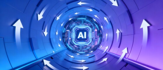 Obraz premium AI symbol in futuristic tunnel with arrows