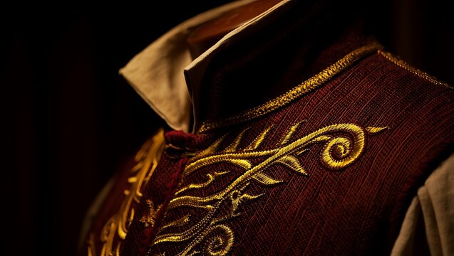 Elegant burgundy vest with intricate gold embroidery for formal events