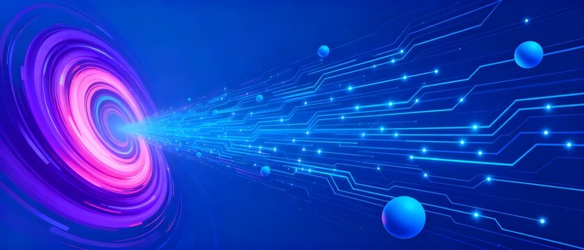 Digital circuit lines and glowing spheres