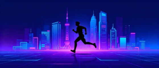 Running silhouette against neon cityscape