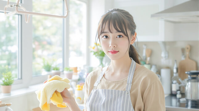 明るいキッチンで黄色のタオルを持つ若いアジア人女性