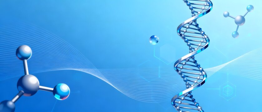 DNA strand and molecular structures on blue background