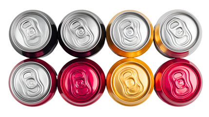 Eight aluminum beverage cans in various colors reflecting on a dark surface isolated on transparent background