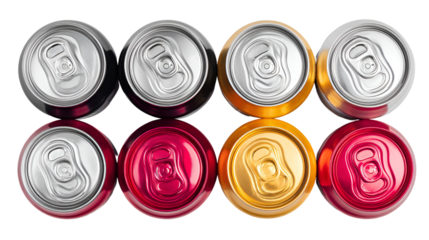 Eight aluminum beverage cans in various colors reflecting on a dark surface isolated on transparent background