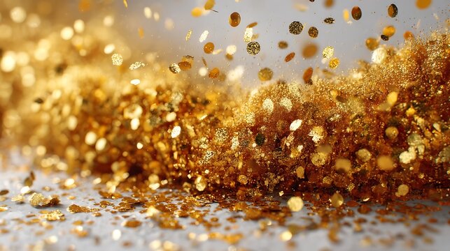 Golden glitter and confetti falling on a surface, creating a festive and celebratory atmosphere. - Powered by Adobe
