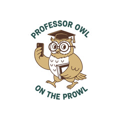 Retro cartoon of a wise owl on the prowl. A cute isolated animal mascot with glasses for a sticker, poster, or clothing design