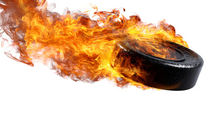 Hockey puck engulfed in flames moving at high speed isolated on transparent background