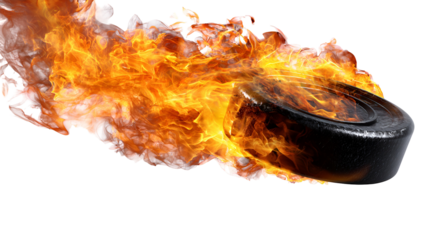 Hockey puck engulfed in flames moving at high speed isolated on transparent background