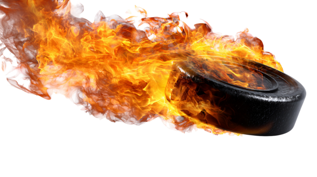 Hockey puck engulfed in flames moving at high speed isolated on transparent background