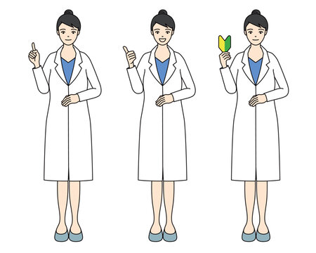 Full-body illustration of a woman in a lab coat with an entry-level driver sign and gestures
