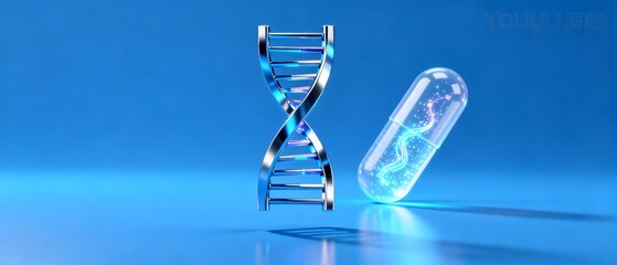 DNA strand and glowing capsule on blue background
