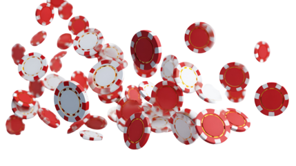 Scattered red and white casino poker chips isolated on transparent background
