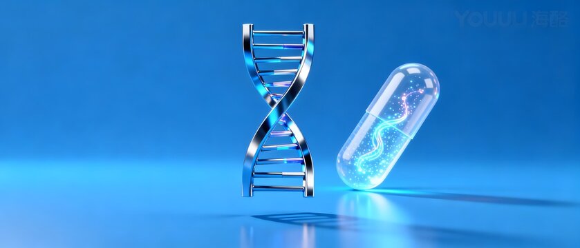 DNA strand and glowing capsule on blue background