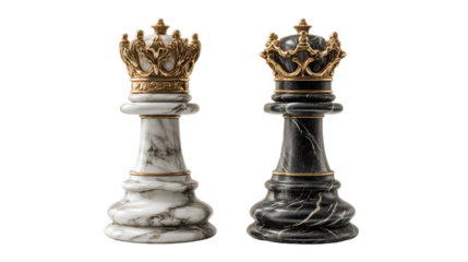 Two ornate chess king pieces one marble white one marble black isolated on transparent background