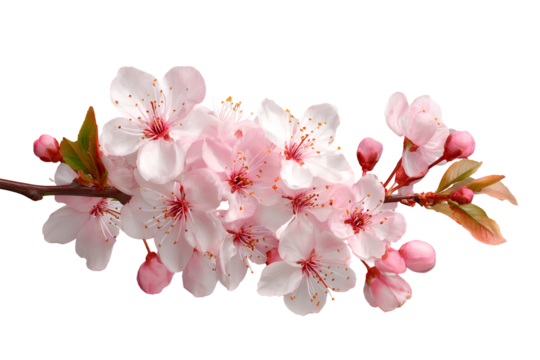 Delicate pink cherry blossoms on a branch isolated on transparent background