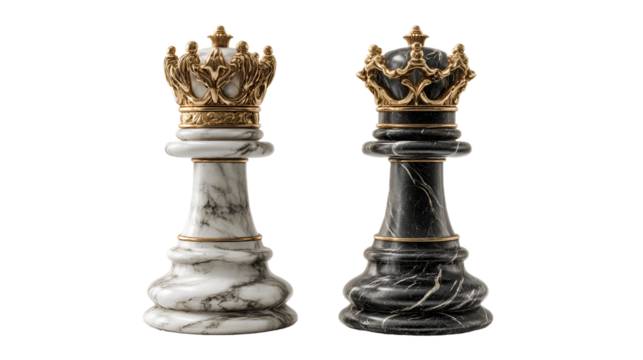 Two ornate chess king pieces one marble white one marble black isolated on transparent background