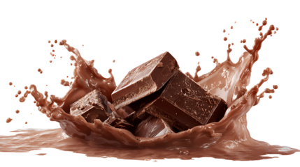 Delicious chocolate chunks splashing into liquid chocolate isolated on transparent background