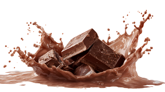 Delicious chocolate chunks splashing into liquid chocolate isolated on transparent background