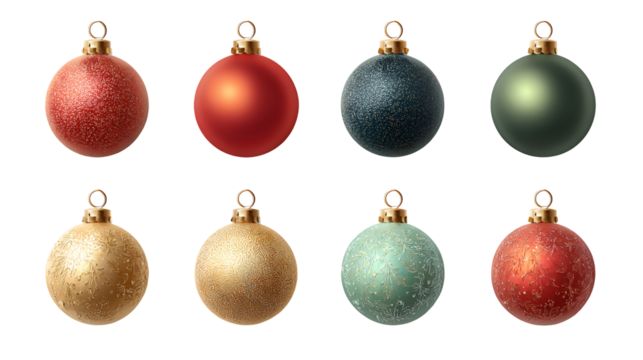 Collection of eight assorted christmas ornaments isolated on transparent background - Powered by Adobe