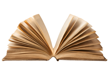 Open antique book with aged yellowed pages fanned out isolated on transparent background