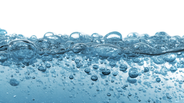 Close up of clear blue water with many small bubbles and ripples isolated on transparent background