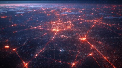Aerial view of interconnected city lights resembling a digital network