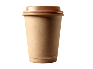 A single disposable paper coffee cup with a brown lid isolated on transparent background