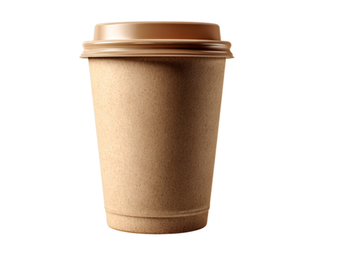 A single disposable paper coffee cup with a brown lid isolated on transparent background