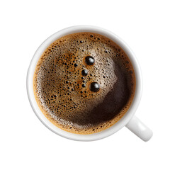 Top view of a white cup filled with hot black coffee and a foamy surface isolated on transparent background