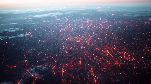 Aerial view of a glowing network connecting city lights at night time - Powered by Adobe