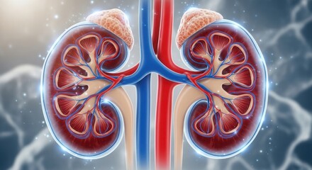 Detailed human kidney anatomy cross-section medical science health care visual illustration