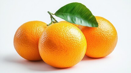 Fresh oranges with a green leaf on a white background close up view