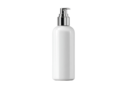 White cosmetic pump bottle with silver dispenser isolated on transparent background