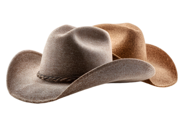 Close up of two textured cowboy hats isolated on transparent background