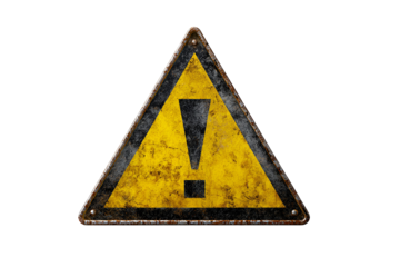 Old weathered yellow triangular warning sign with black exclamation mark isolated on transparent background