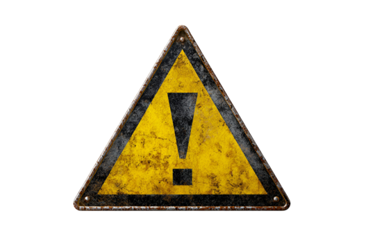 Old weathered yellow triangular warning sign with black exclamation mark isolated on transparent background